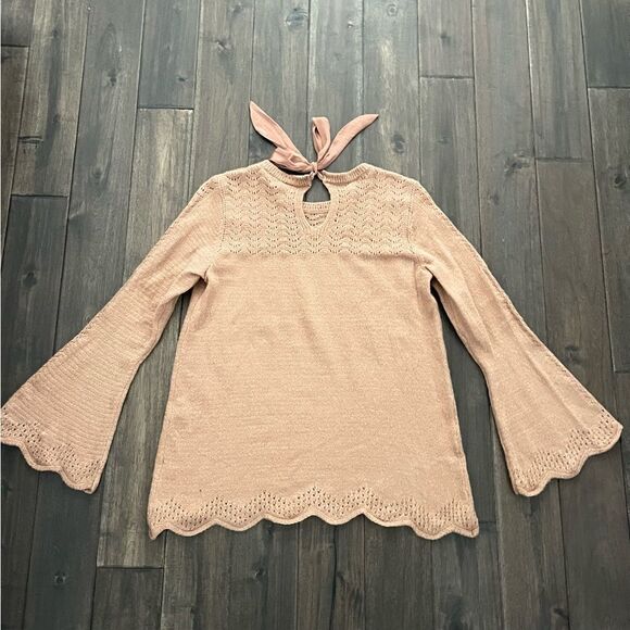 LC Lauren Conrad Tan Camel Scalloped Bell Sleeve Knit Sweater L - Picture 7 of 7